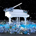 Floral Decoration Display With White Piano Surrounded By Blue Flowers And Starry Backdrop