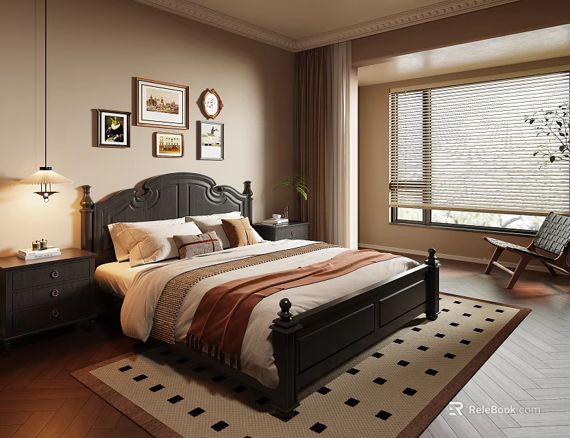 Classic Bedroom Interior With Dark Wooden Bed White Brown Bedding Framed Artworks And Window Blinds 3d model 