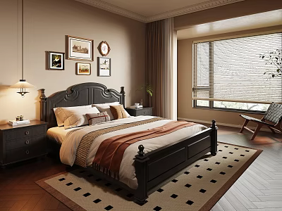 Classic Bedroom Interior With Dark Wooden Bed White Brown Bedding Framed Artworks And Window Blinds 3d model