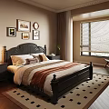 Classic Bedroom Interior With Dark Wooden Bed White Brown Bedding Framed Artworks And Window Blinds