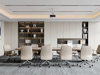 Modern Conference Room Interior With Long Meeting Table Ergonomic Chairs Bookshelves And Projector 3d model