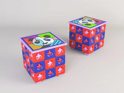 Two Colorful Cube Shaped Coffee Tables With Cartoon Face And Maple Leaf Patterns 3d model