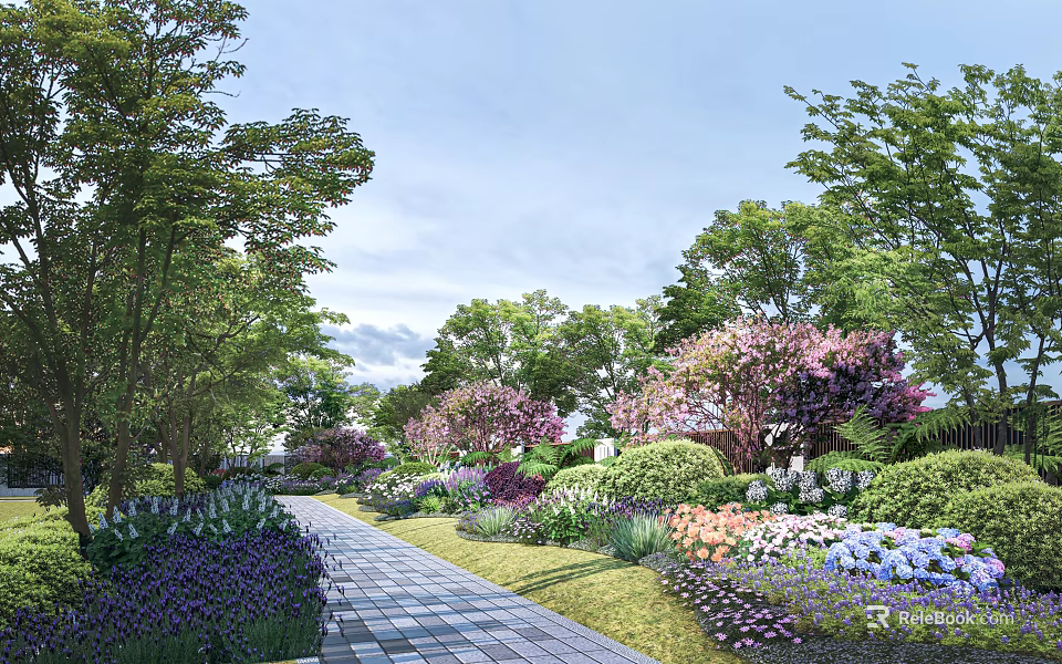 Beautiful Garden Landscape With Stone Path Colorful Flowers Bushes And Trees 3d model 