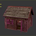 Wooden Cabin Log Structure With Sloped Wooden Roof And Open Door And Small Window