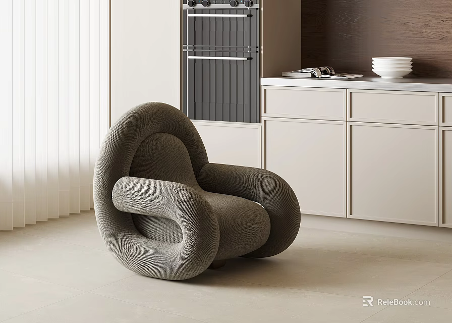 Modern Gray Curved Lounge Chair In Interior With White Blinds And Cabinets 3d model 