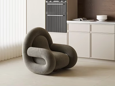 Modern Gray Curved Lounge Chair In Interior With White Blinds And Cabinets 3d model