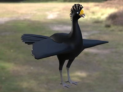 Black Flying Bird With Yellow Beak Crested Head Spread Wings Standing On Grassland 3d model