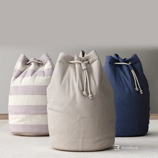 Drawstring Storage Bags in Purple Striped Light Gray and Navy Blue with Fabric Rope Closure 3d model 