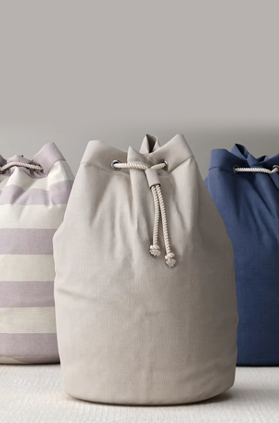 Drawstring Storage Bags in Purple Striped Light Gray and Navy Blue with Fabric Rope Closure 3d model