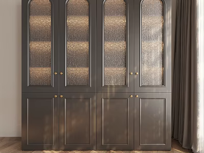Elegant Modern Dark Wood Decorative Cabinet With Textured Glass Doors And Brass Handles 3d model