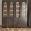 Elegant Modern Dark Wood Decorative Cabinet With Textured Glass Doors And Brass Handles