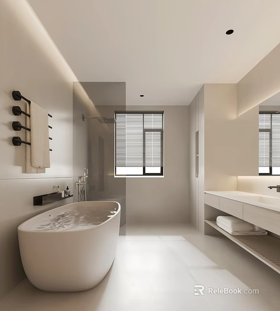 Modern White Bathroom Interior Design With Bathtub Shower Large Mirror Vanity And Blinds 3d model 