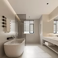 Modern White Bathroom Interior Design With Bathtub Shower Large Mirror Vanity And Blinds