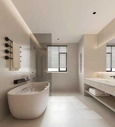 Modern White Bathroom Interior Design With Bathtub Shower Large Mirror Vanity And Blinds 3d model
