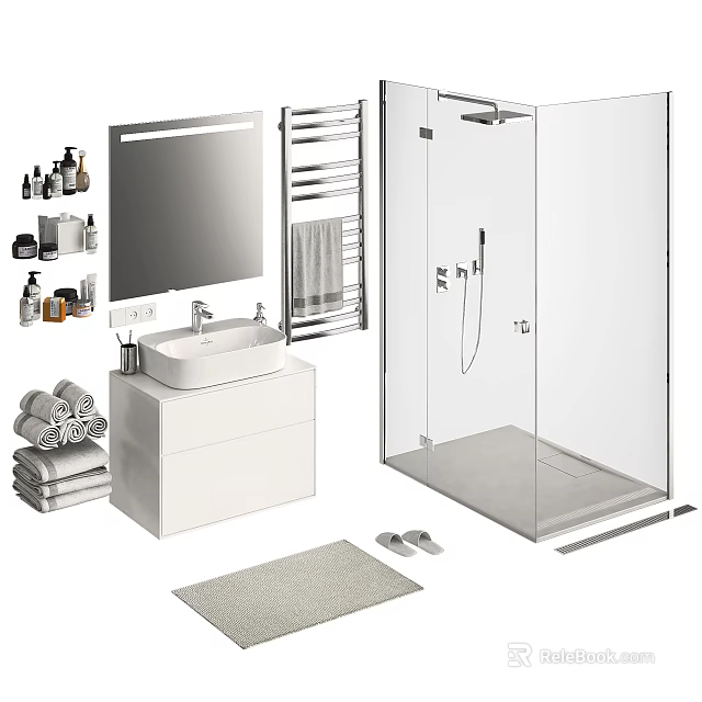 White Bathroom Sink Vanity with Wall Mirror Towel Rack and Glass Shower Enclosure 3d model 