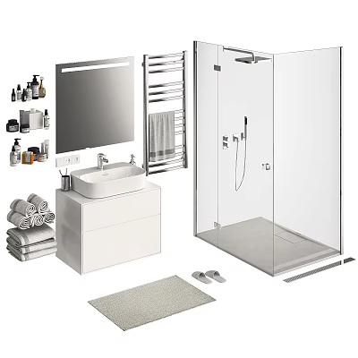 White Bathroom Sink Vanity with Wall Mirror Towel Rack and Glass Shower Enclosure 3d model