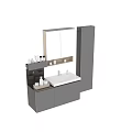 Modern Bathroom Vanity With Dark Gray Cabinets Cabinet Mirror Marble Countertop And Toiletries