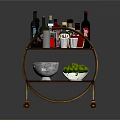 Brass Bar Cart With Wine Bottles Shakers And Glasses On Metal Shelves