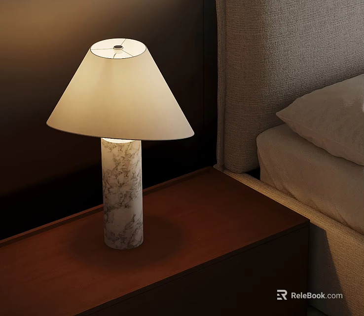 Modern Table Lamp With Marble Base And Beige Shade On Wooden Nightstand 3d model 