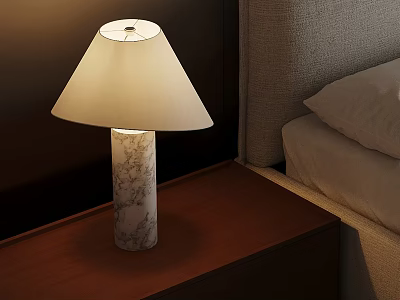 Modern Table Lamp With Marble Base And Beige Shade On Wooden Nightstand 3d model
