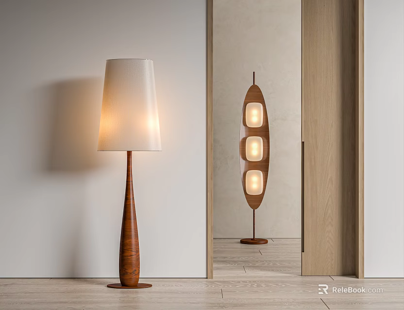 Modern Floor Lamps With White Lampshade And Wooden Square Light Panels In Interior Space 3d model 