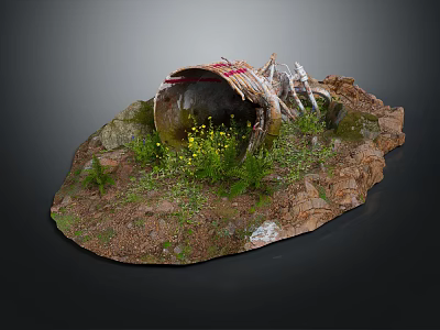 Cartoon Scene With Whimsical Shell Structure Dirt Grass Yellow Flowers And Bone Frames 3d model
