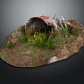 Cartoon Scene With Whimsical Shell Structure Dirt Grass Yellow Flowers And Bone Frames