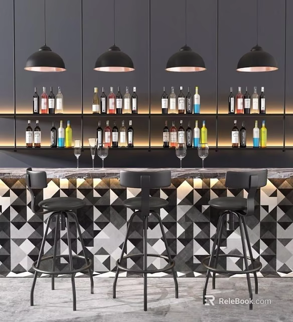 Stylish Bar Interior With Black Pendant Lights Wine Racks Bottles Black Bar Stools Geometric Backsplash 3d model 