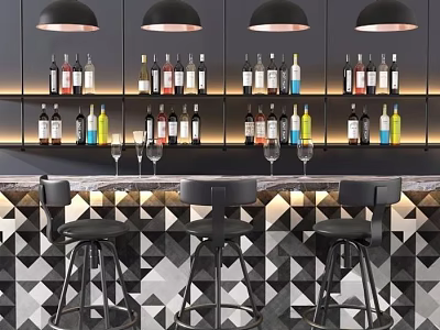 Stylish Bar Interior With Black Pendant Lights Wine Racks Bottles Black Bar Stools Geometric Backsplash 3d model