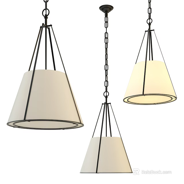 Modern Chandelier Set of Three With Black Metal Frame and White Fabric Conical Shade 3d model 
