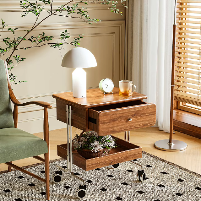 Natural Wood Side Table With Drawer Lower Shelf Lamp Clock Mug And Green Chair 3d model 