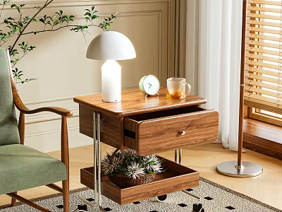 Natural Wood Side Table With Drawer Lower Shelf Lamp Clock Mug And Green Chair 3d model
