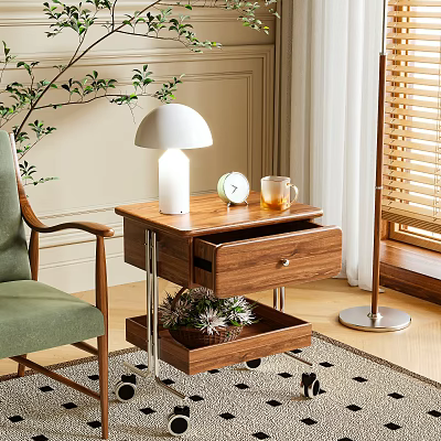 Natural Wood Side Table With Drawer Lower Shelf Lamp Clock Mug And Green Chair 3d model