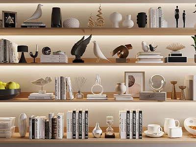Stylish Decorative Ornament Combinations Including Books Vases And Sculptures On Shelves 3d model