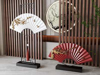 White And Red Fan Shaped Chinese Ornament Decorative Set With Golden Floral On Wooden Screen 3d model