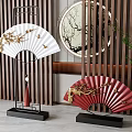 White And Red Fan Shaped Chinese Ornament Decorative Set With Golden Floral On Wooden Screen