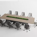 Modern Wooden Conference Table With Gray Rolling Office Chairs And Meeting Room Sign
