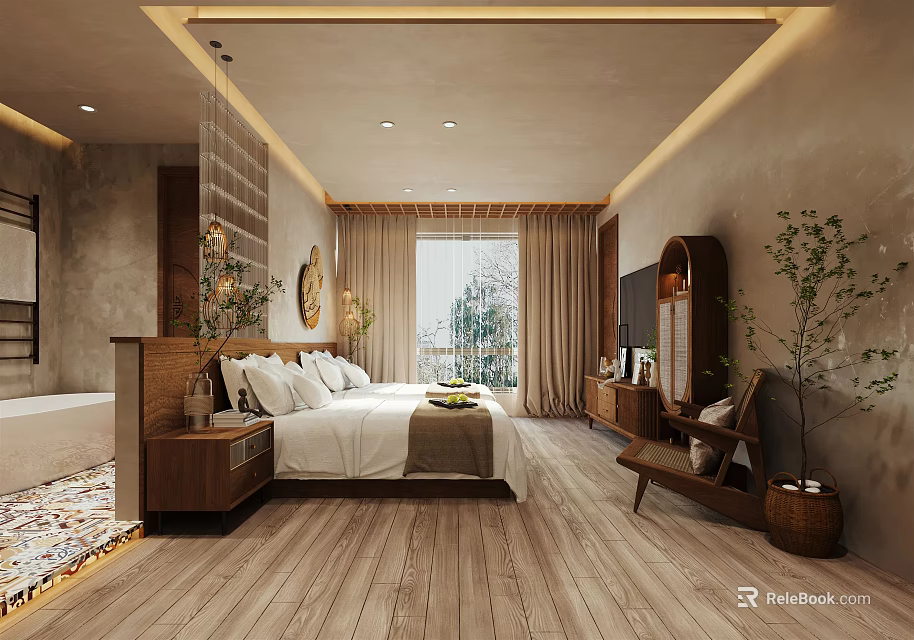 Hotel Room Interior Design With Large Bed Wooden Flooring Curtains Green Plants And Dresser 3d model 
