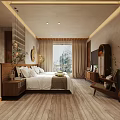 Hotel Room Interior Design With Large Bed Wooden Flooring Curtains Green Plants And Dresser