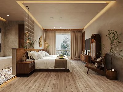 Hotel Room Interior Design With Large Bed Wooden Flooring Curtains Green Plants And Dresser 3d model