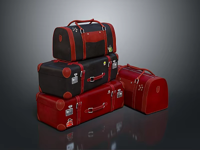 Red And Black Leather Suitcases Stacked In Various Sizes For Travel Essentials 3d model