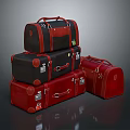 Red And Black Leather Suitcases Stacked In Various Sizes For Travel Essentials