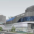 Modern Commercial Complex With Glass Curtain Wall High Rise Buildings And Crowded Plaza Greenery