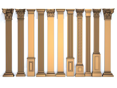 Classical Roman Columns In Various Styles With Ornate Capitals And Golden Accents 3d model