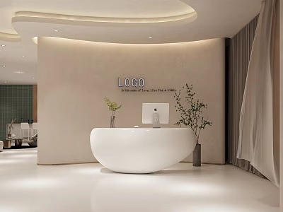 Shopping Mall Beauty Skincare Store Interior With Modern Curved White Reception Desk And Green Plants 3d model