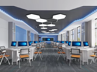 Modern School Computer Lab With Multiple Desktops Hexagonal Ceiling Lights And Windows 3d model