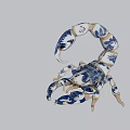 Blue And White Ceramic Scorpion Figurine With Decorative Floral Patterns