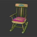 Wooden Rocking Chair With Decorative Backrest Green Cushion And Red Trim Armrests