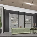 Luxury Modern Sales Office Reception Space With Exquisite Marble Counter Display Shelves And Decorative Plants