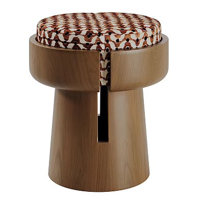 Modern Wooden Stool With Patterned Seat And Cylindrical Legs Vertical Slit Design 3d model